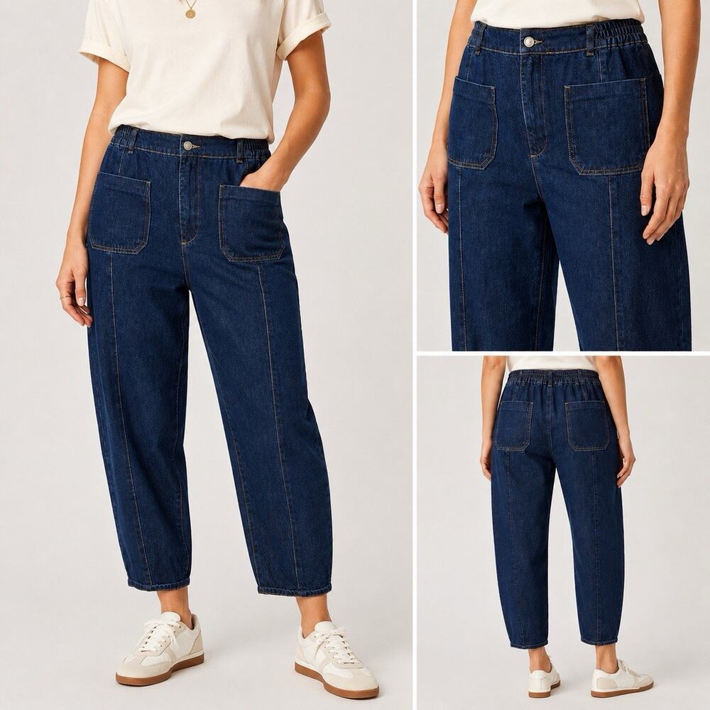 Zara Women’s Barrel Jeans 10 Elastic Waist Barrel Tapered Patch Pocket Baggy - Picture 4 of 12